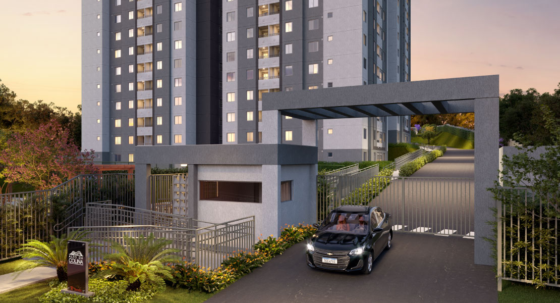 Render da portaria com pórtico e portão duplo de segurança do Alto da Colina