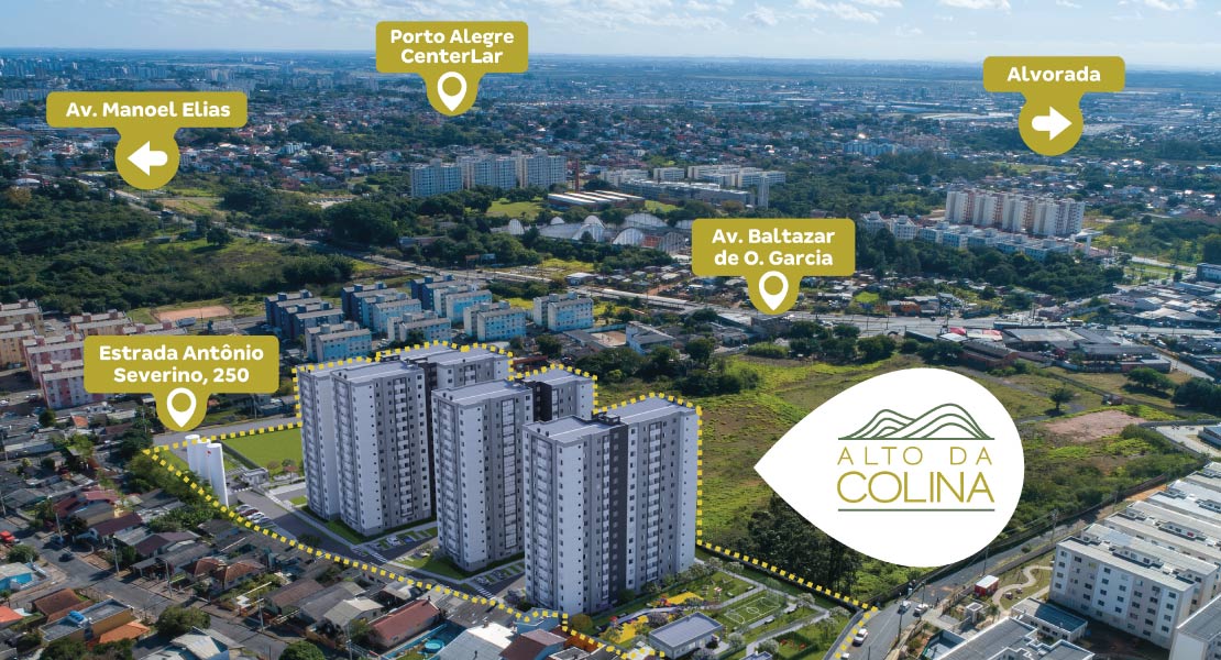 Imagem ilustrativa: foto aérea do Rubem Berta com as torres do Alto da Colina em render sobrepostas