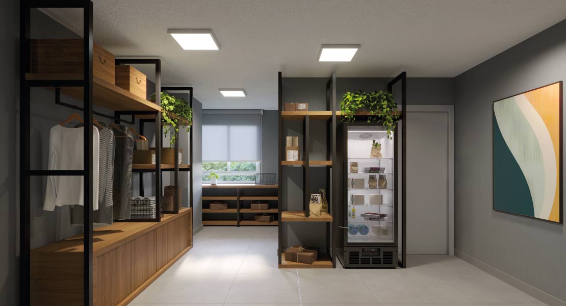 Render do espaço delivery do Alto da Colina, com armários e geladeira de encomendas