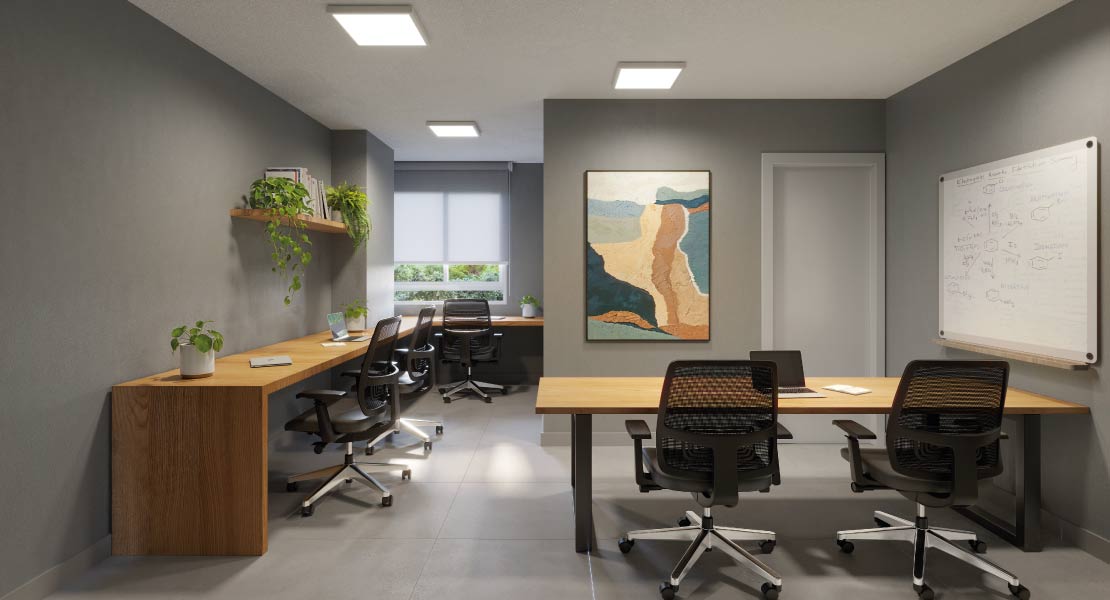 Render do espaço office e coworking do Alto da Colina