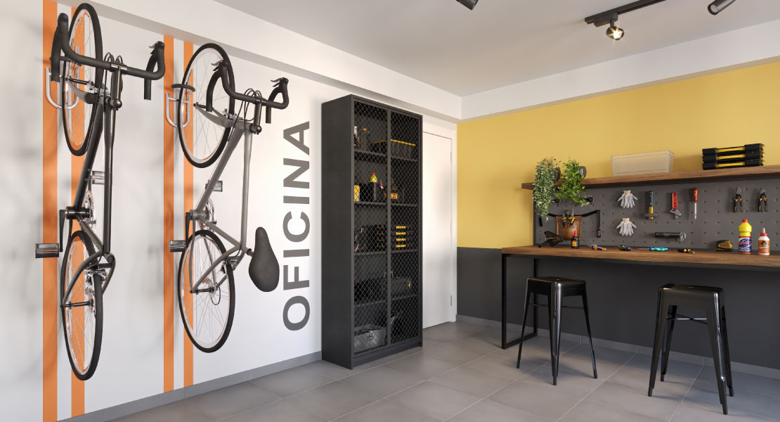 Render do espaço oficina do Alto da Colina, com suportes de bicicleta e bancada