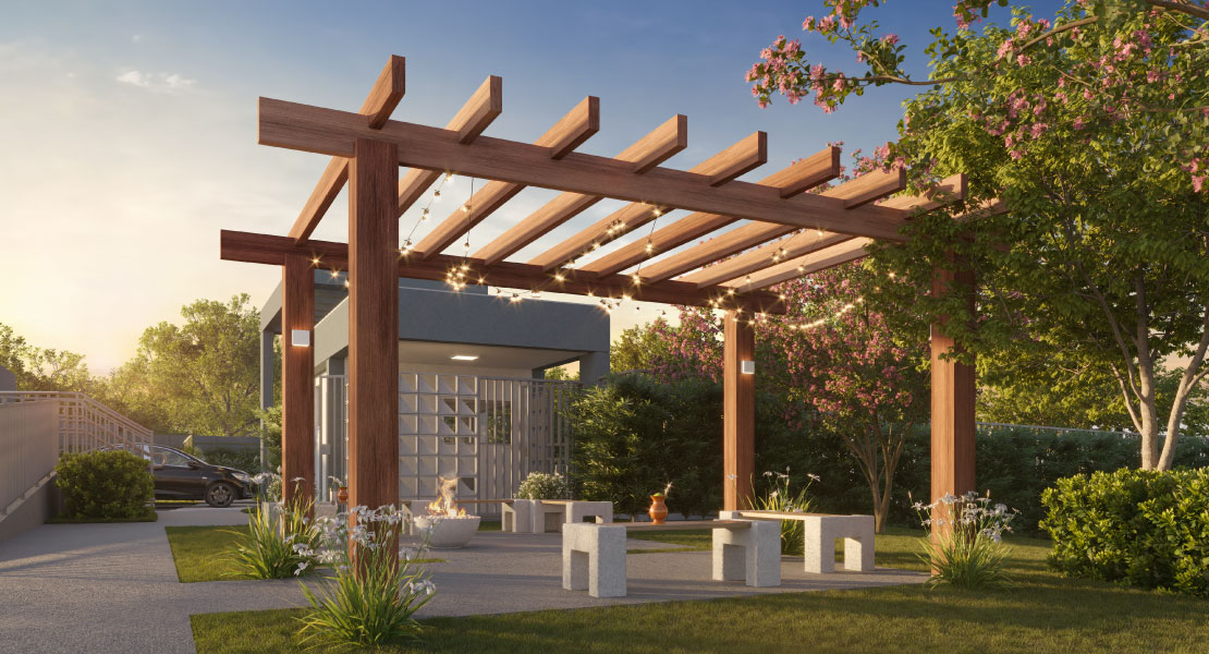 Render da pérgola de convivência com bancos do Alto da Colina