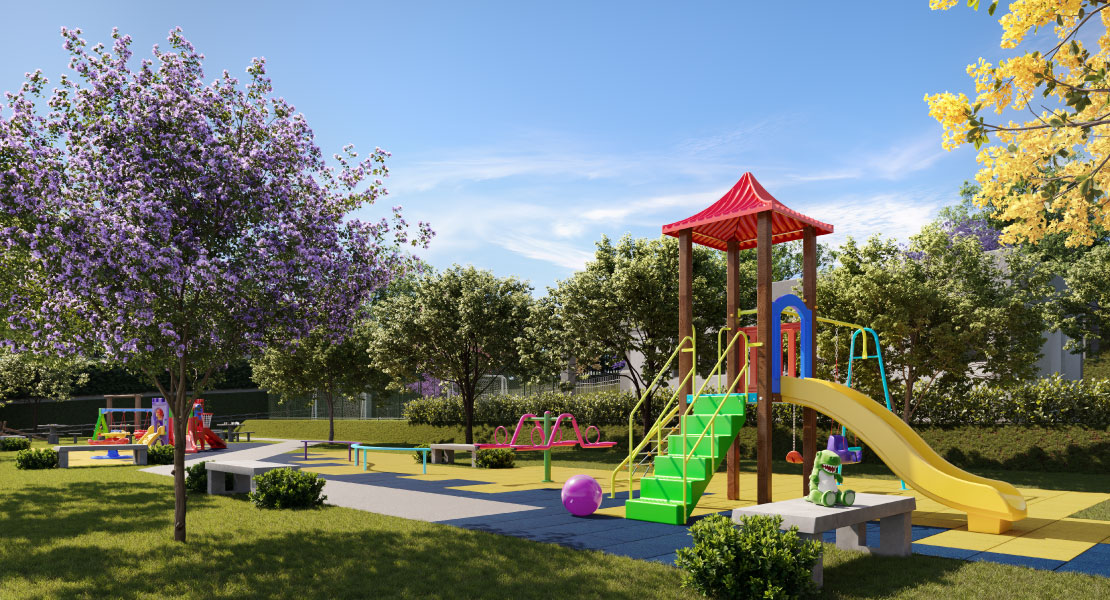 Render do playground em gramado arborizado do Alto da Colina