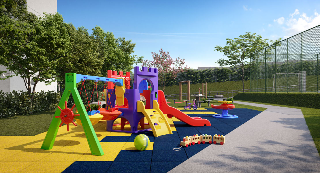 Render do play kids do Alto da Colina, com a quadra ao fundo