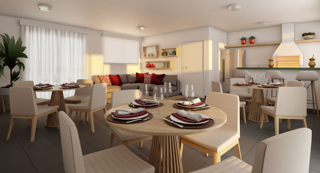 Render do salão de festas interno do Alto da Colina, com mesa posta e churrasqueira