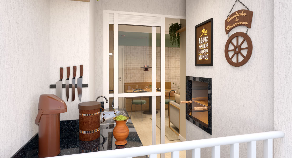 Render da varanda do apartamento do Alto da Colina, com churrasqueira, bancada e tanque