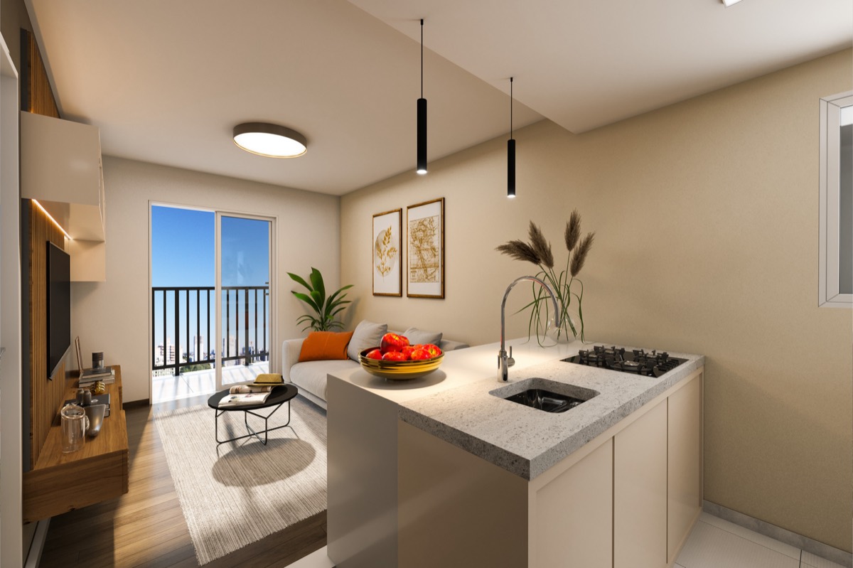 Living do apartamento de 1 dormitório do Residencial Athena