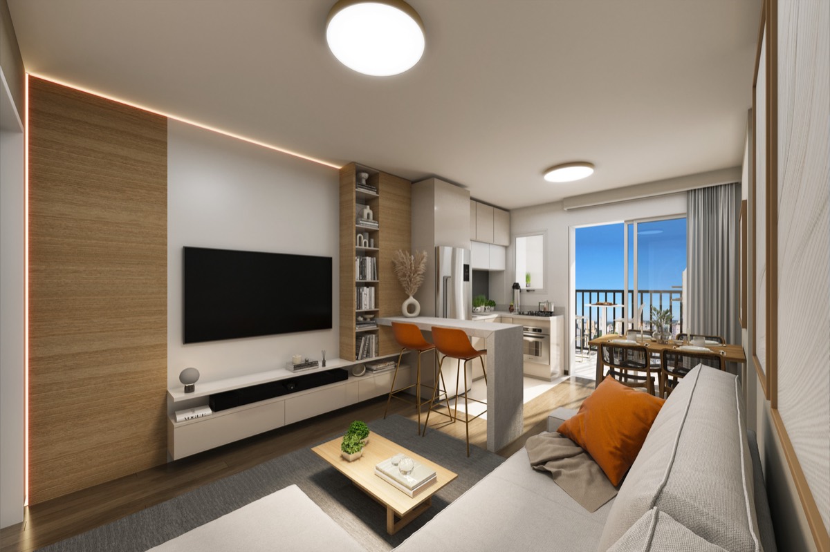 Living do apartamento de 2 dormitórios de ponta do Residencial Athena