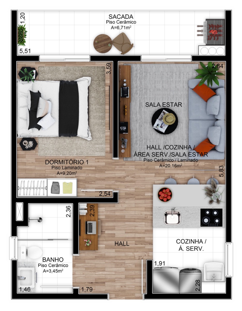 Planta do apartamento 1 dormitório do Residencial Athena em São Leopoldo