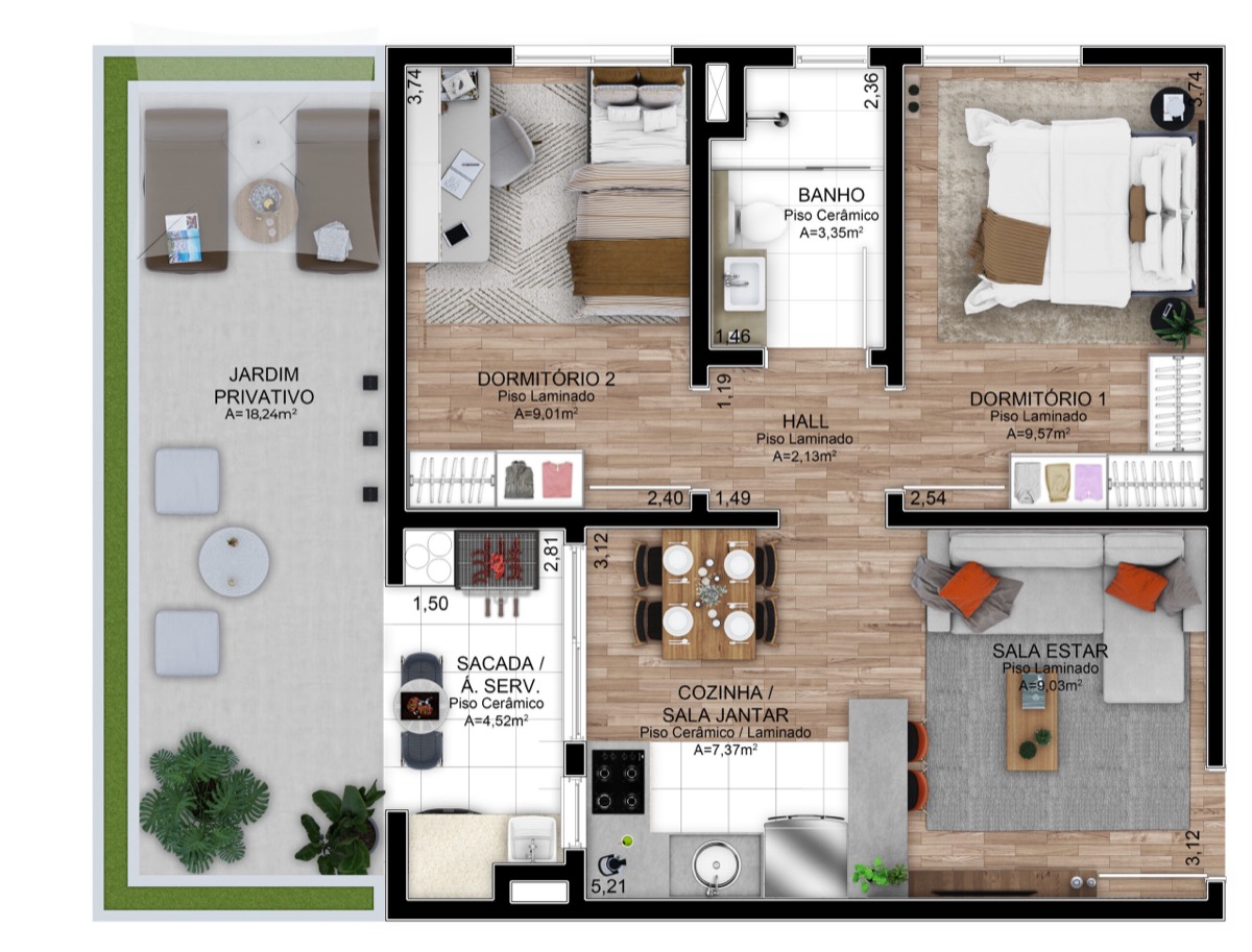 Planta do 2 dormitórios com garden do Residencial Athena em São Leopoldo
