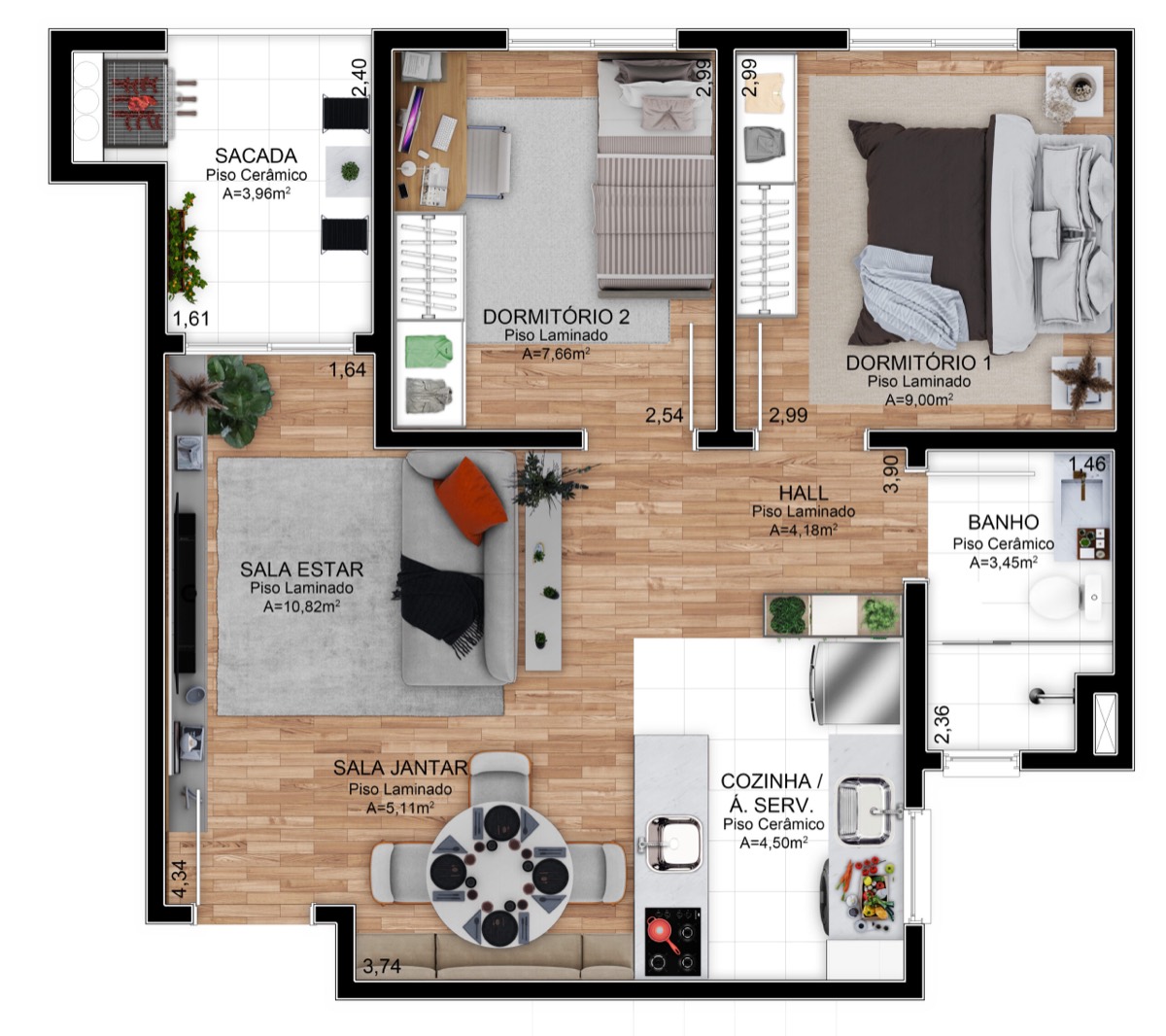 Planta do 2 dormitórios de meio do Residencial Athena em São Leopoldo