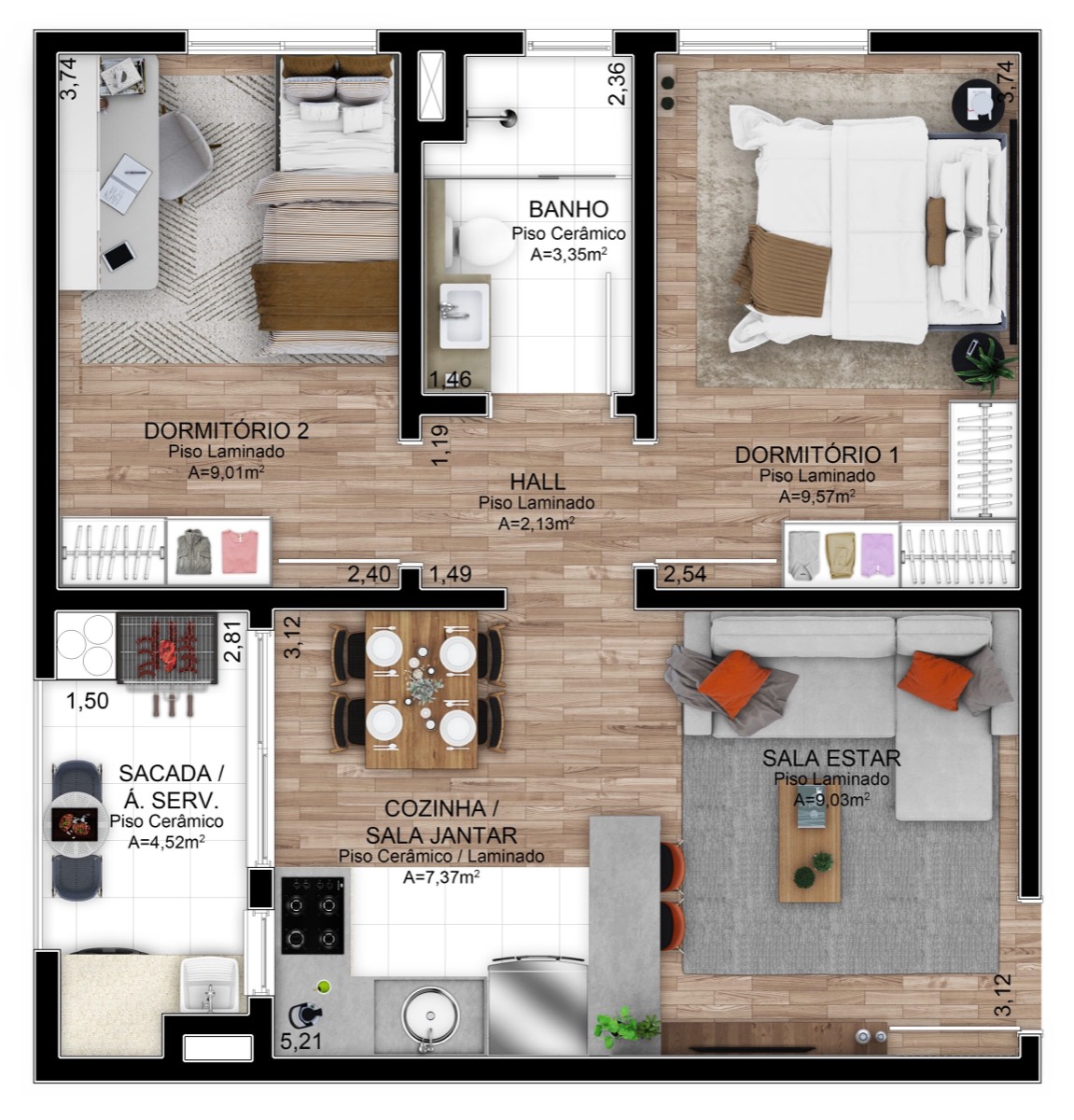 Planta do apartamento de 2 dormitórios ponta do Residencial Athena