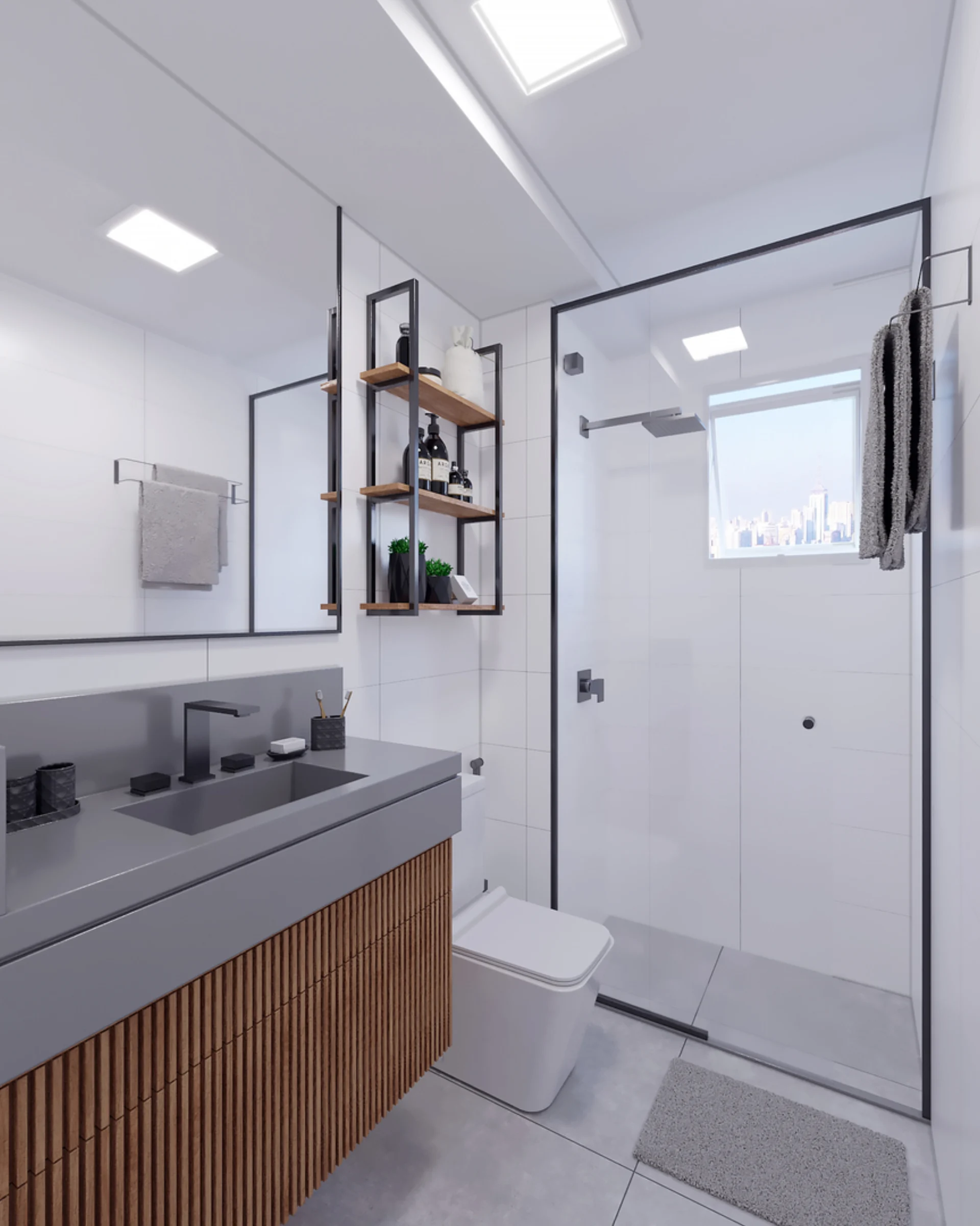 Render do banheiro do Residencial Capri com box de vidro e bancada