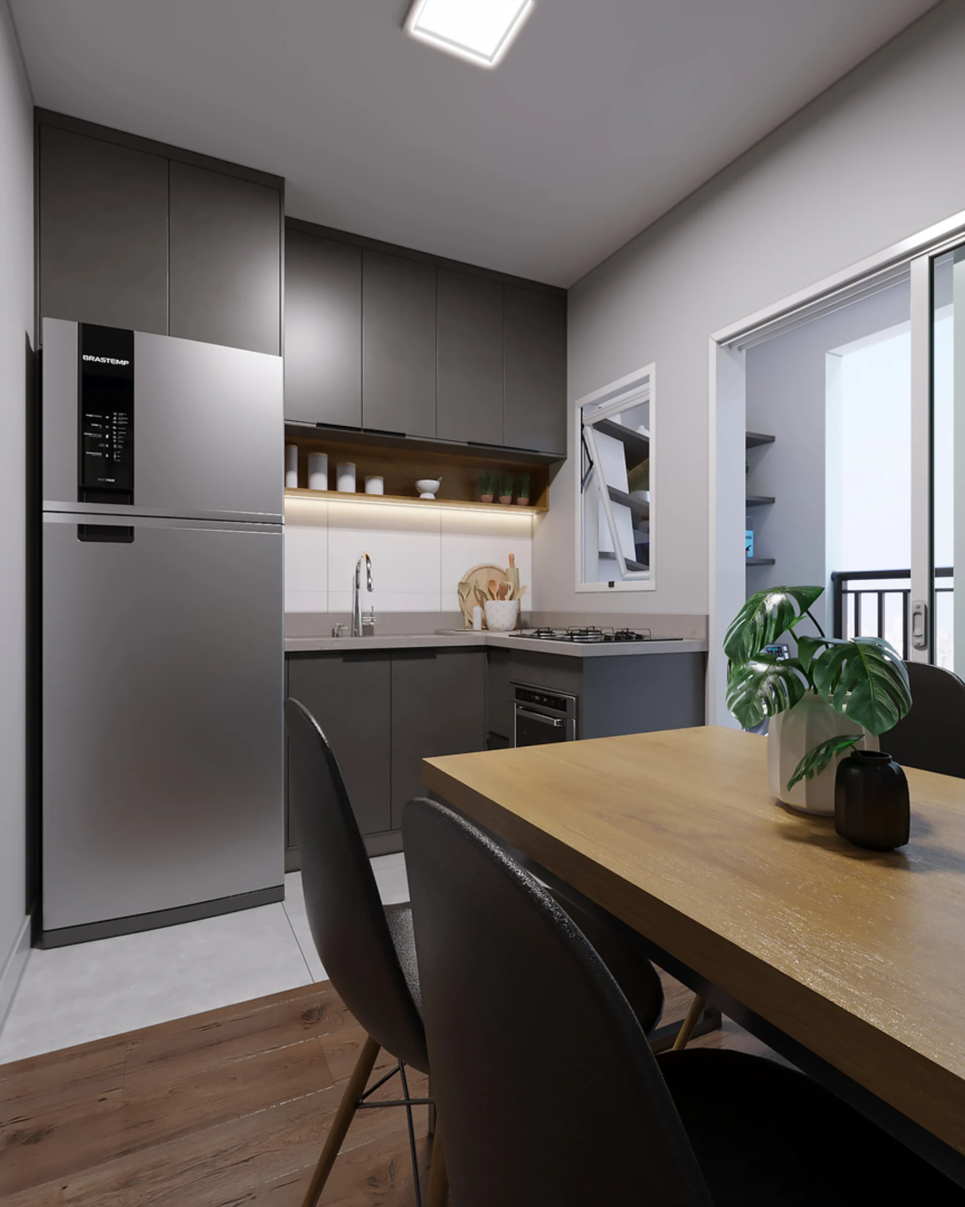 Render da cozinha do Residencial Capri com mesa de refeições