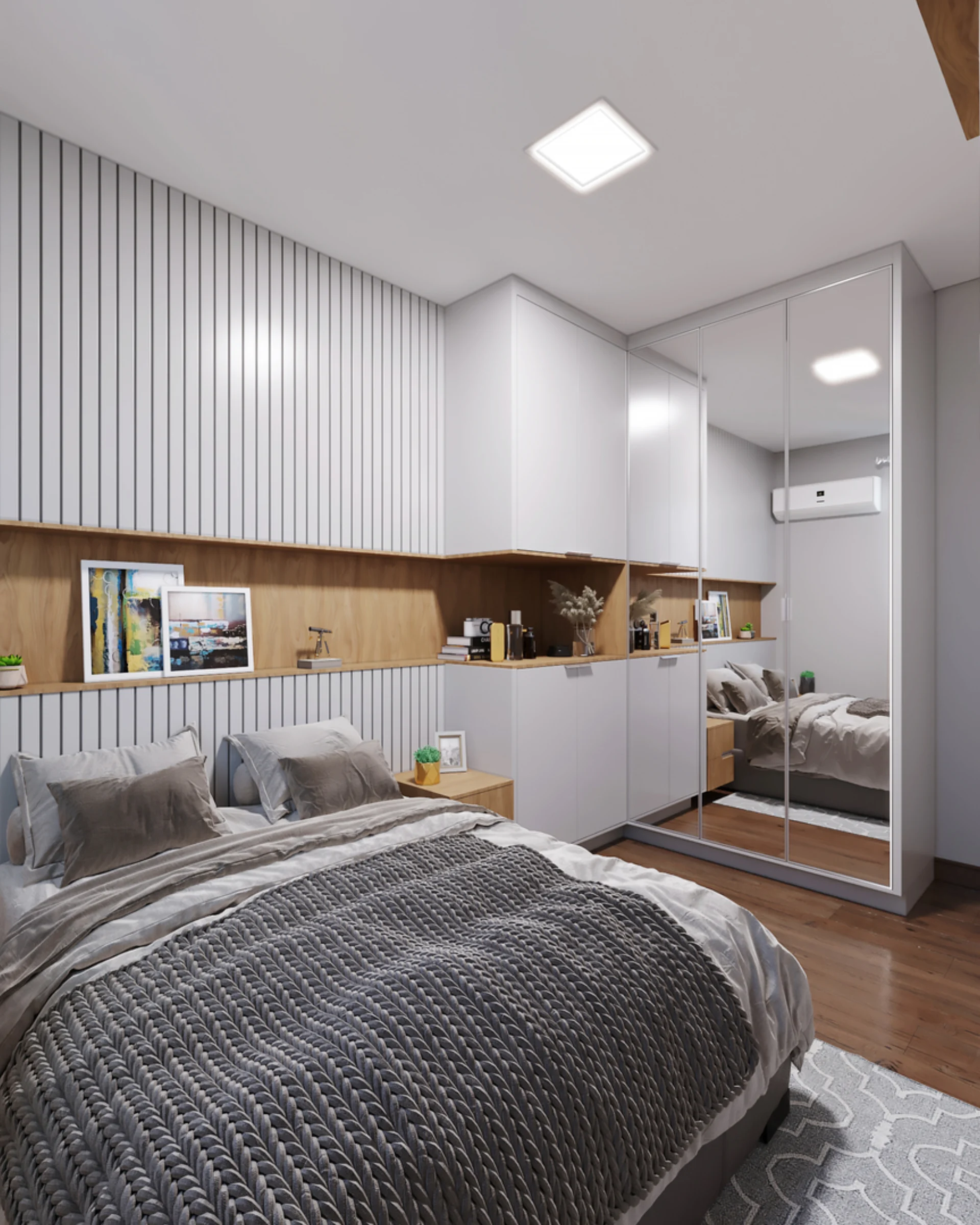 Render do dormitório de casal do Residencial Capri com armário espelhado