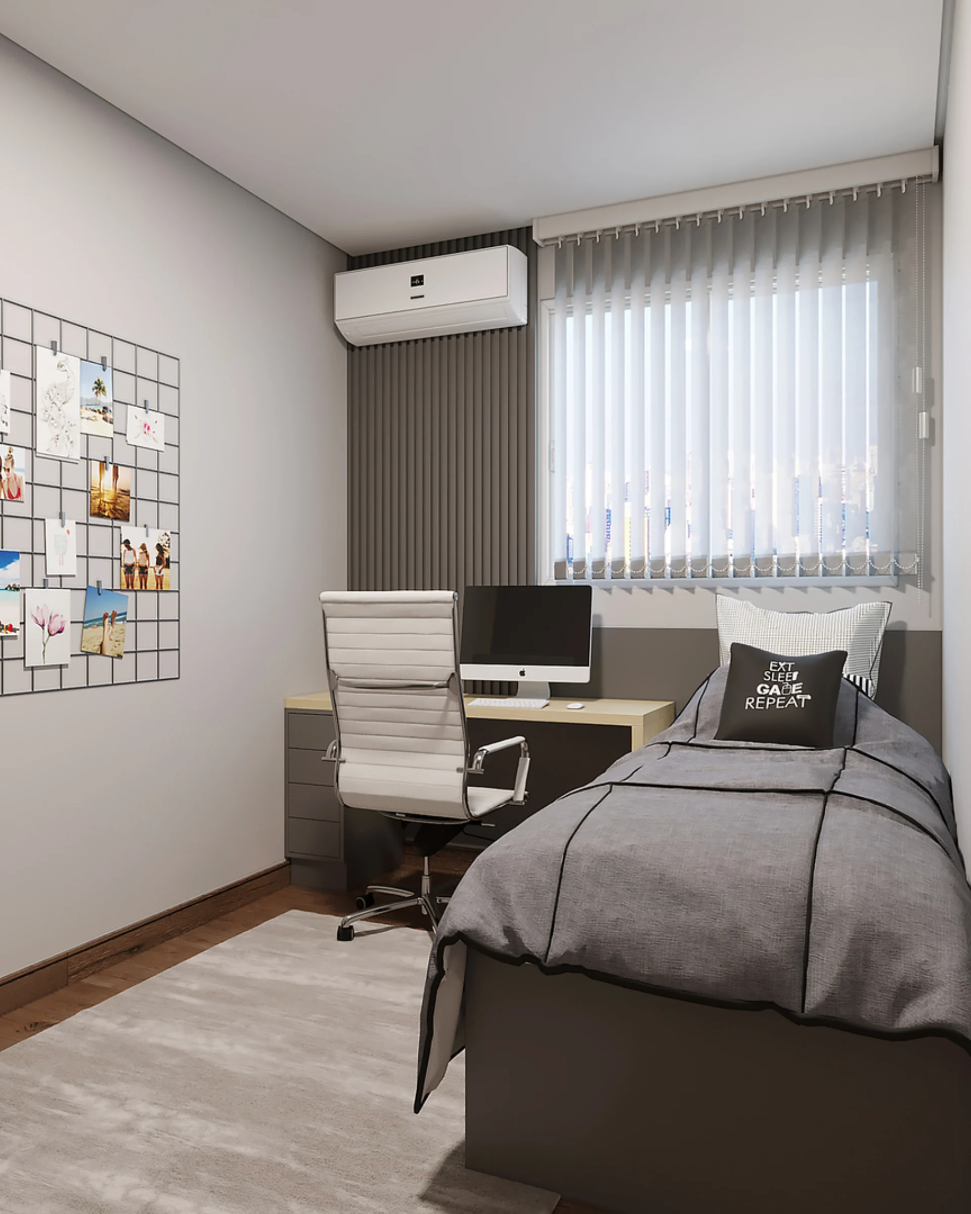 Render do segundo dormitório do Residencial Capri montado como quarto de solteiro com home office