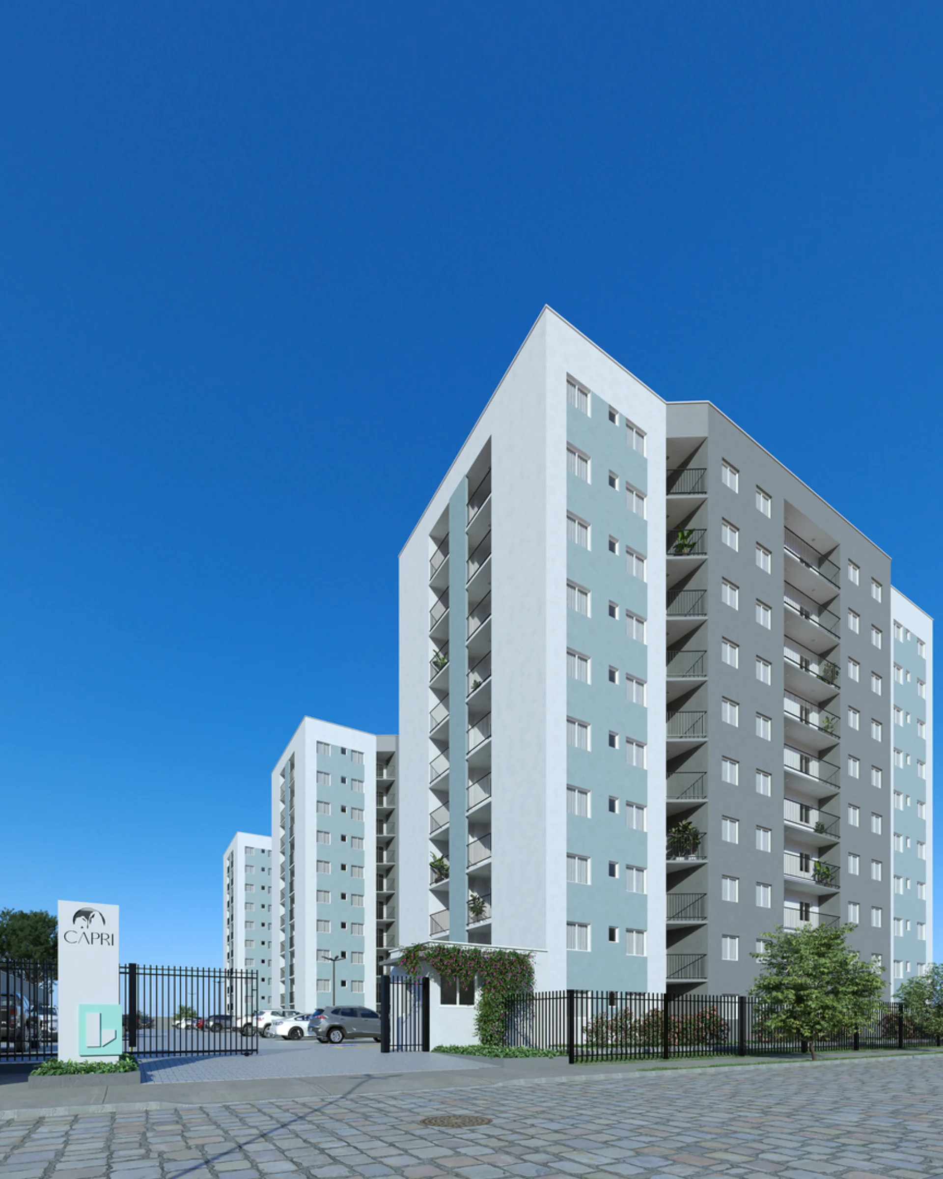 Render diurno do acesso e do totem do Residencial Capri