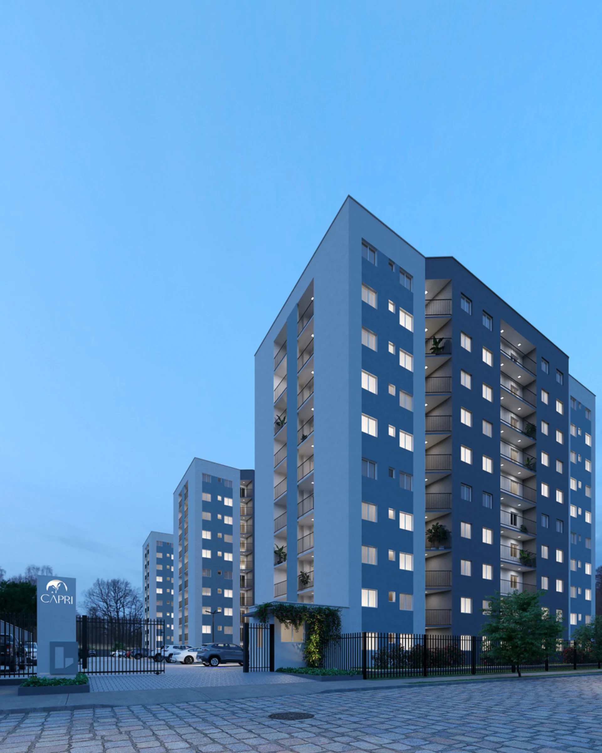Render noturno do acesso do Residencial Capri