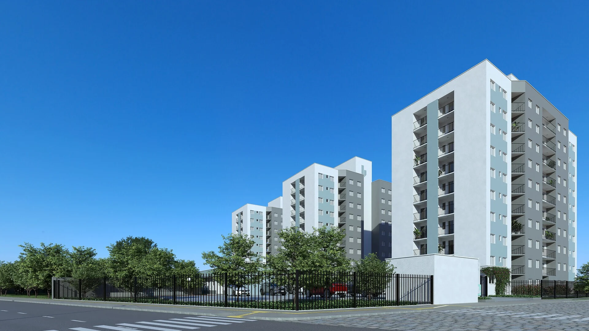 Render diurno das torres do Residencial Capri vistas da esquina