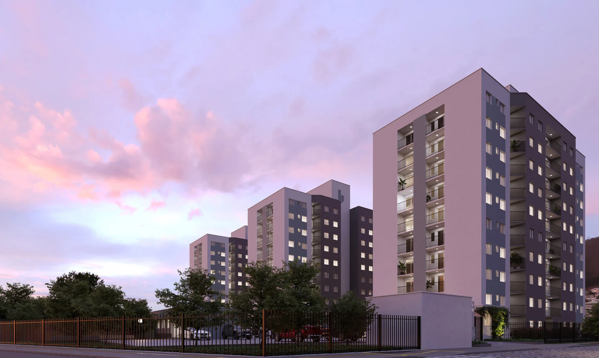 Render das torres do Residencial Capri em céu de entardecer
