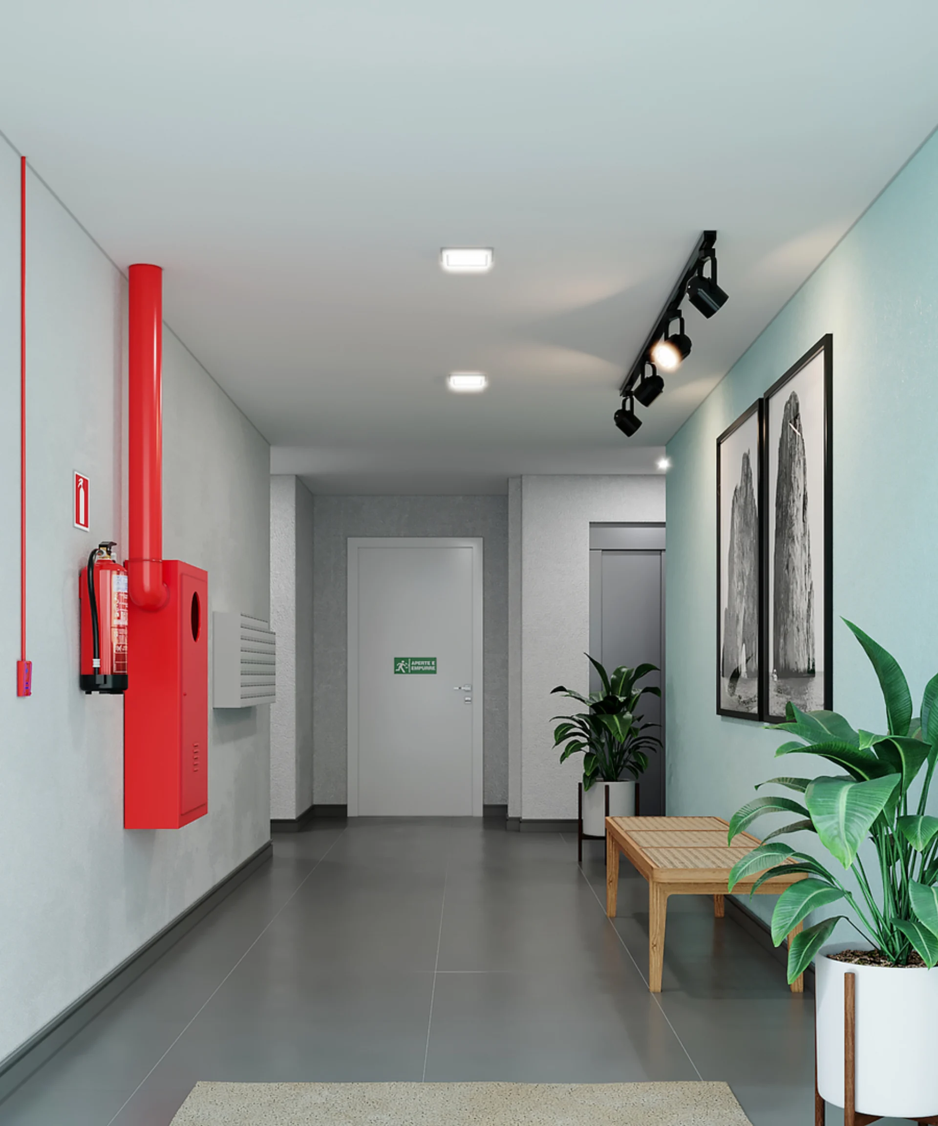 Render do hall de entrada da torre do Residencial Capri