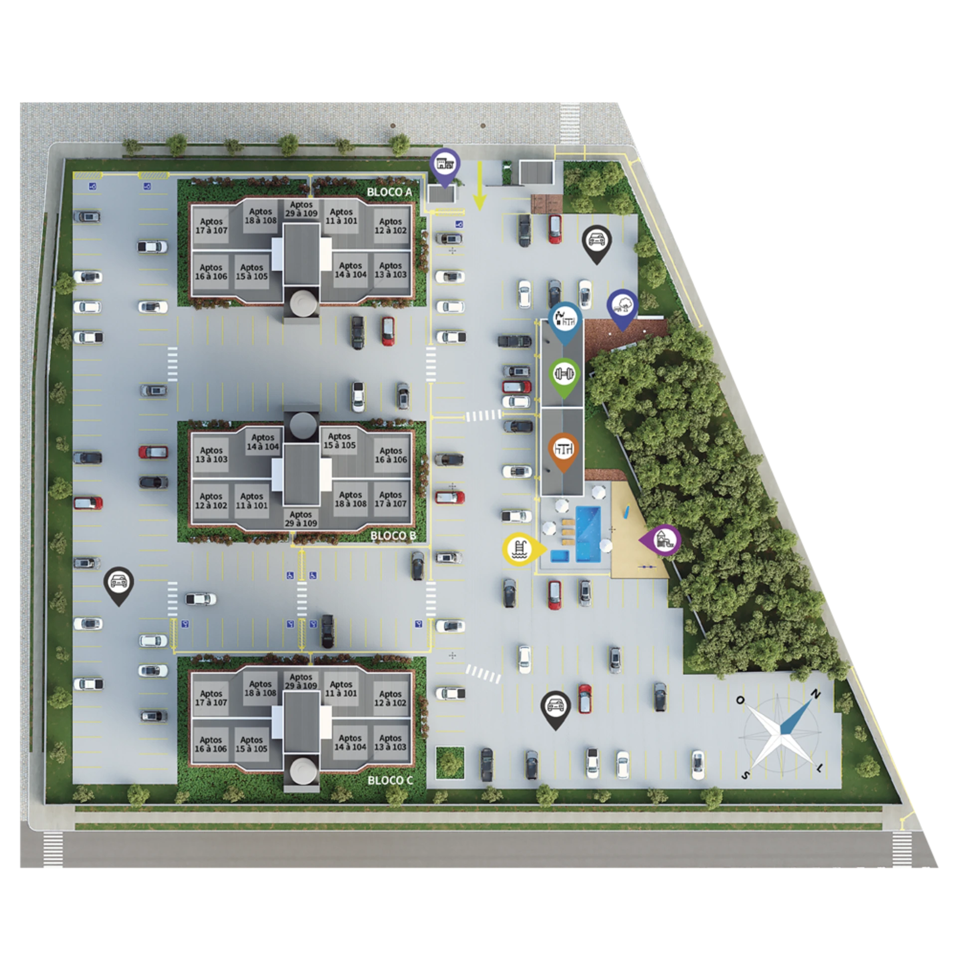 Prancha de implantação oficial do Residencial Capri com os blocos A, B e C rotulados