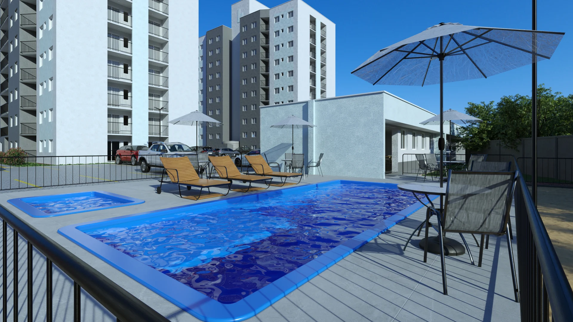 Render das piscinas adulto e infantil do Residencial Capri com deck e guarda-sóis