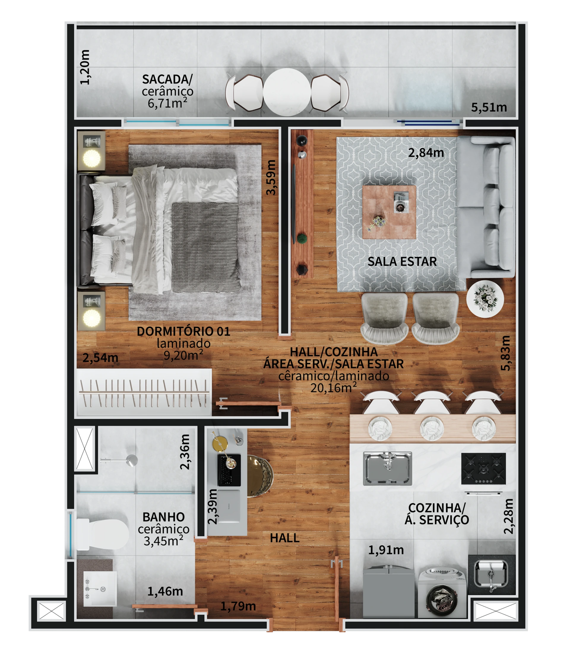 Planta humanizada do apartamento de 1 dormitório do Residencial Capri, com 44,53 m² privativos