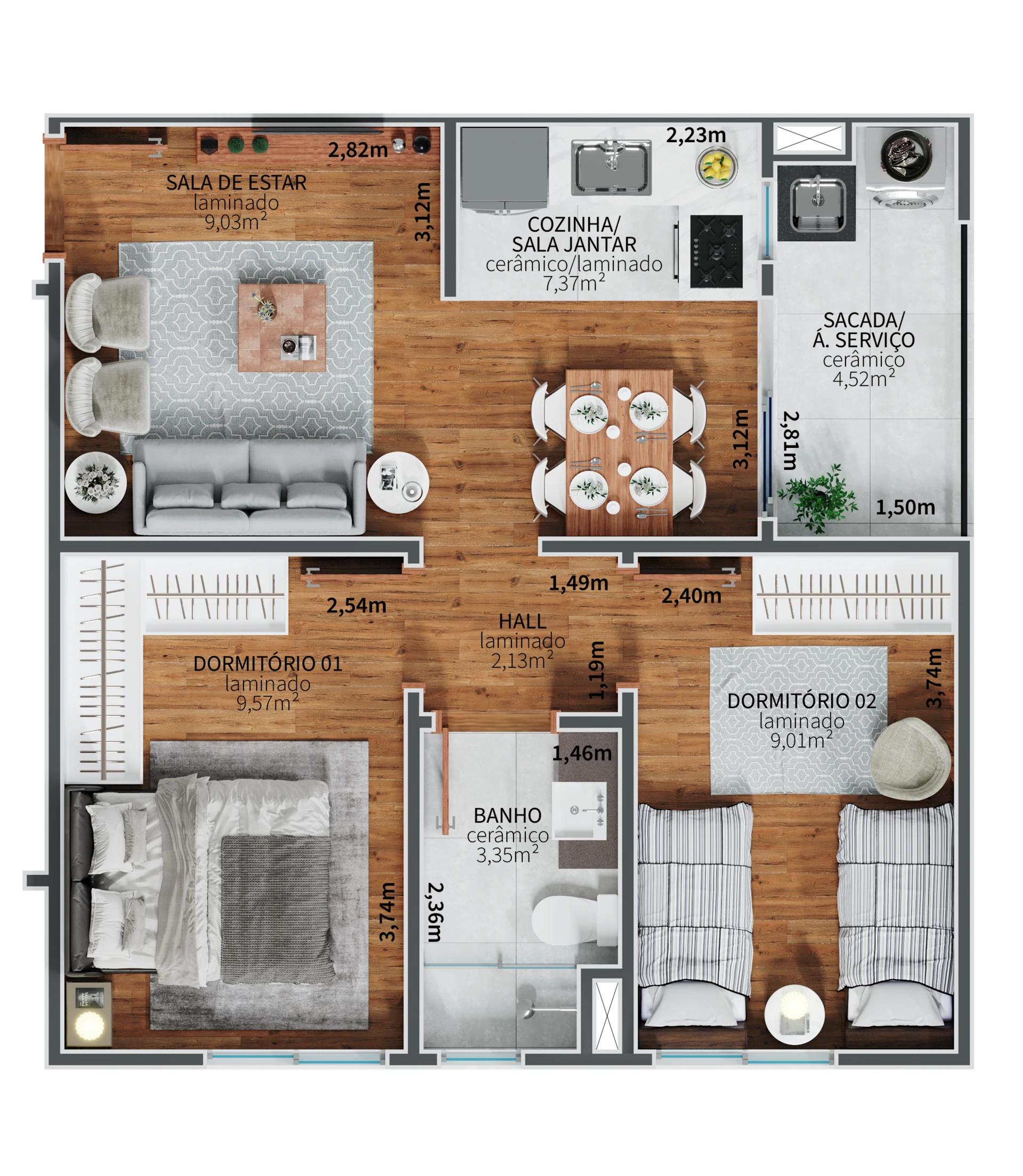 Planta humanizada do apartamento de 2 dormitórios tipo B do Residencial Capri, com 51,13 m² privativos