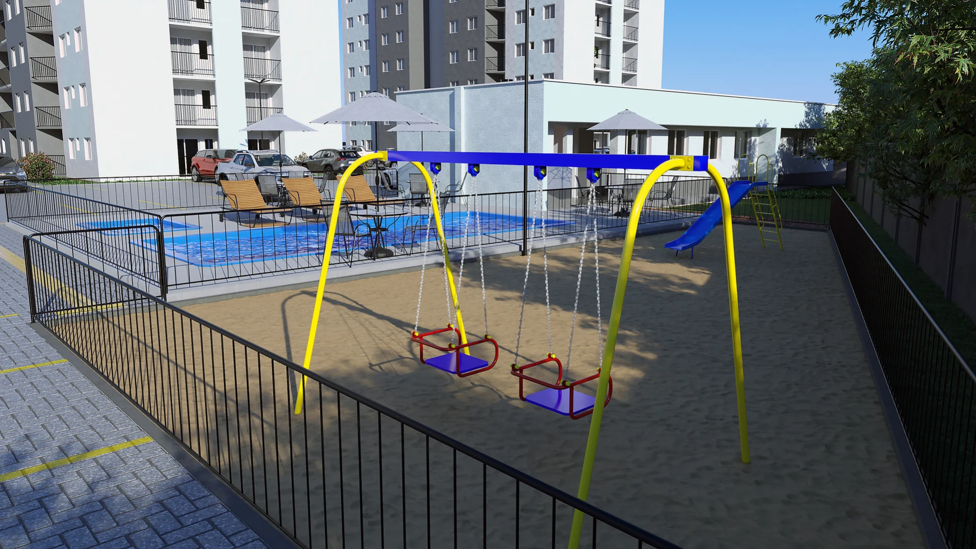 Render do playground cercado do Residencial Capri, ao lado da piscina