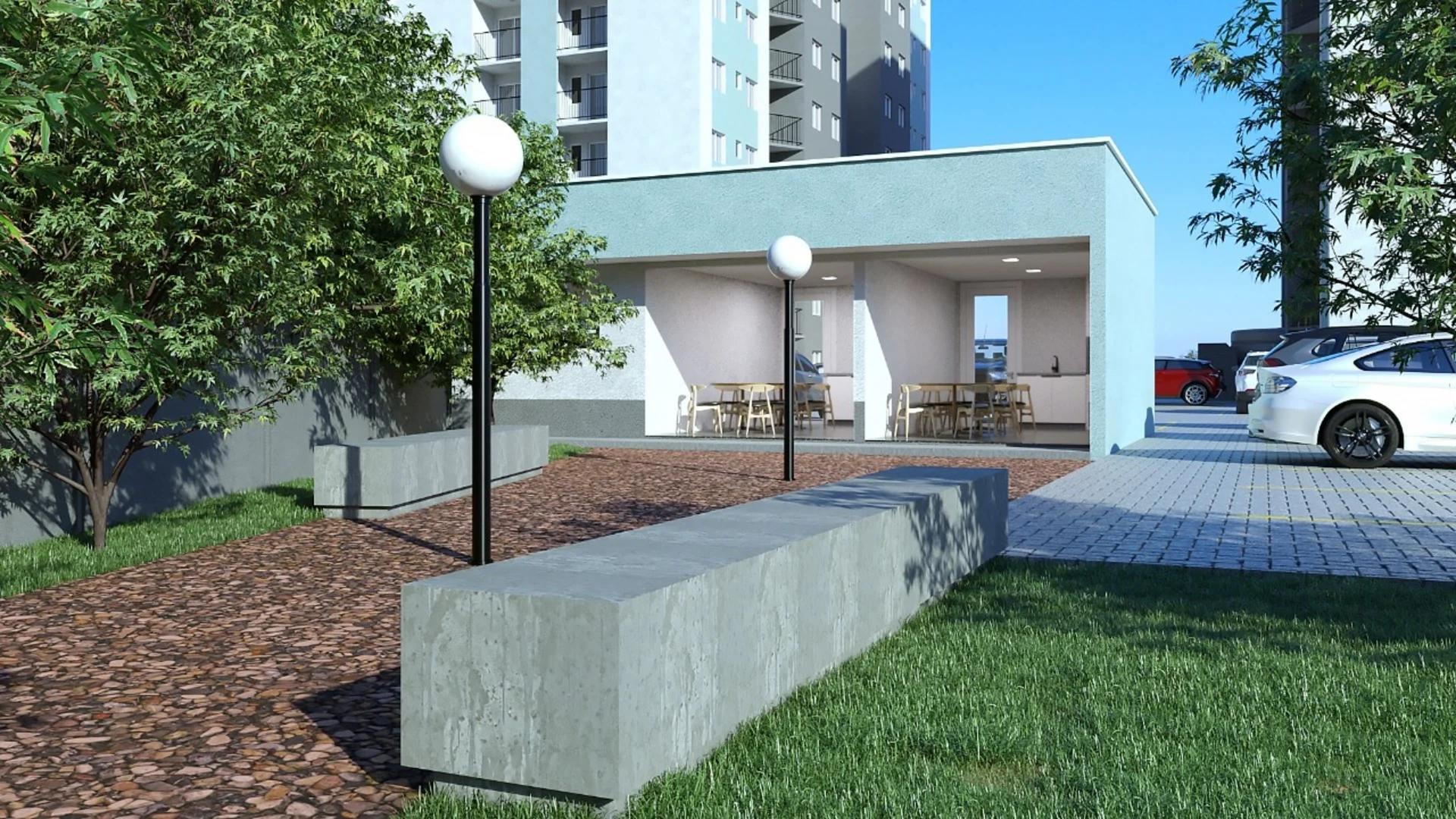 Render do quiosque com churrasqueira e do espaço lounge arborizado do Residencial Capri