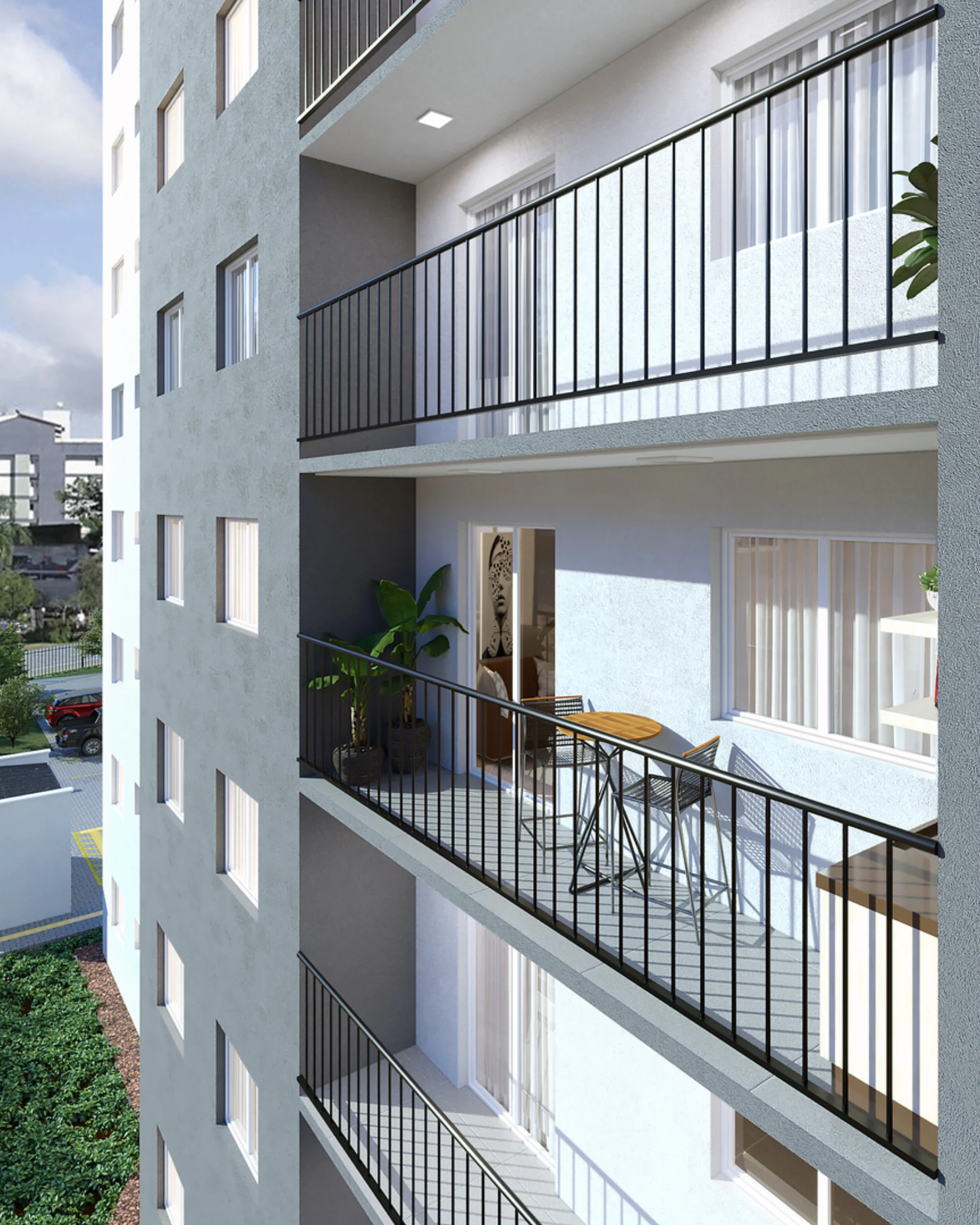 Render das sacadas do Residencial Capri vistas de fora da fachada