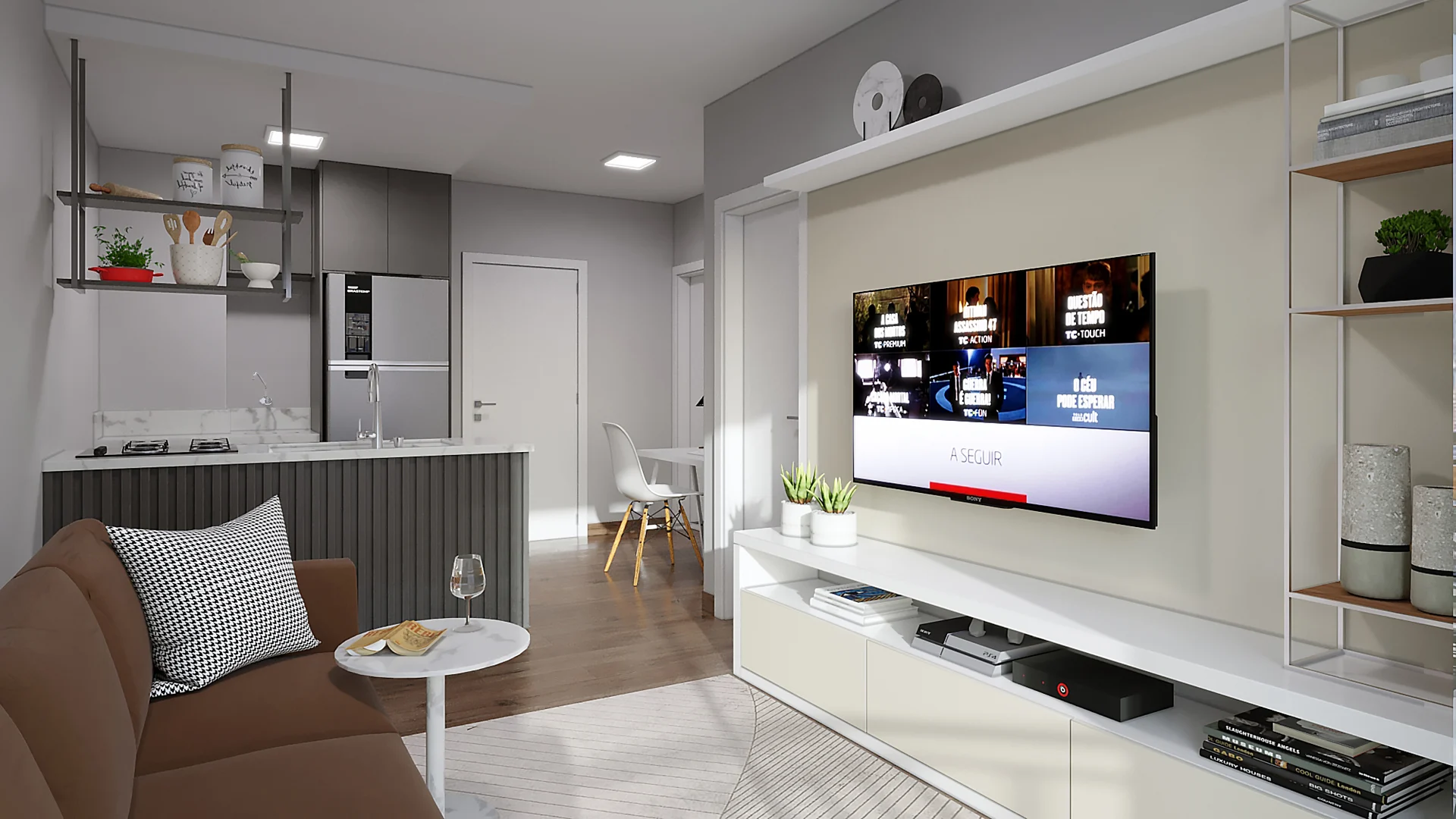 Render da sala do Residencial Capri com painel de TV e cozinha ao fundo