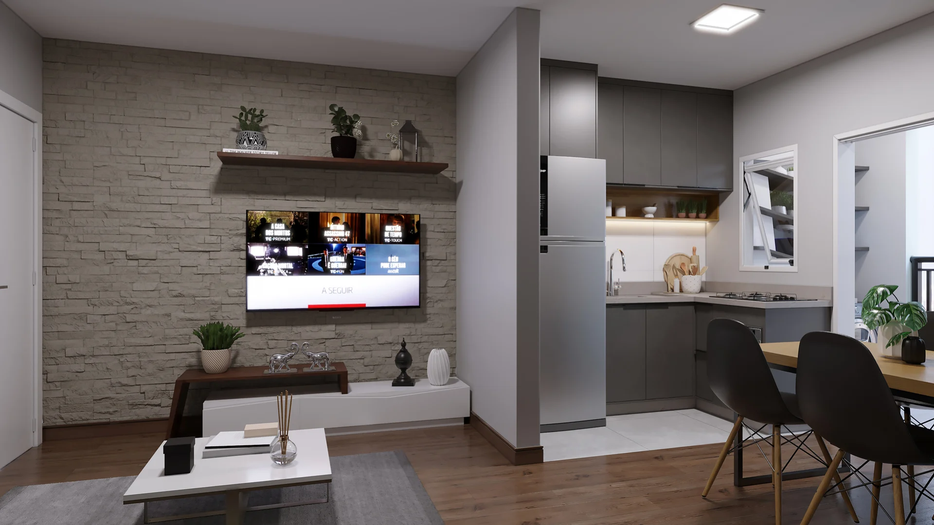 Render da sala do Residencial Capri com parede de tijolinho e cozinha integrada