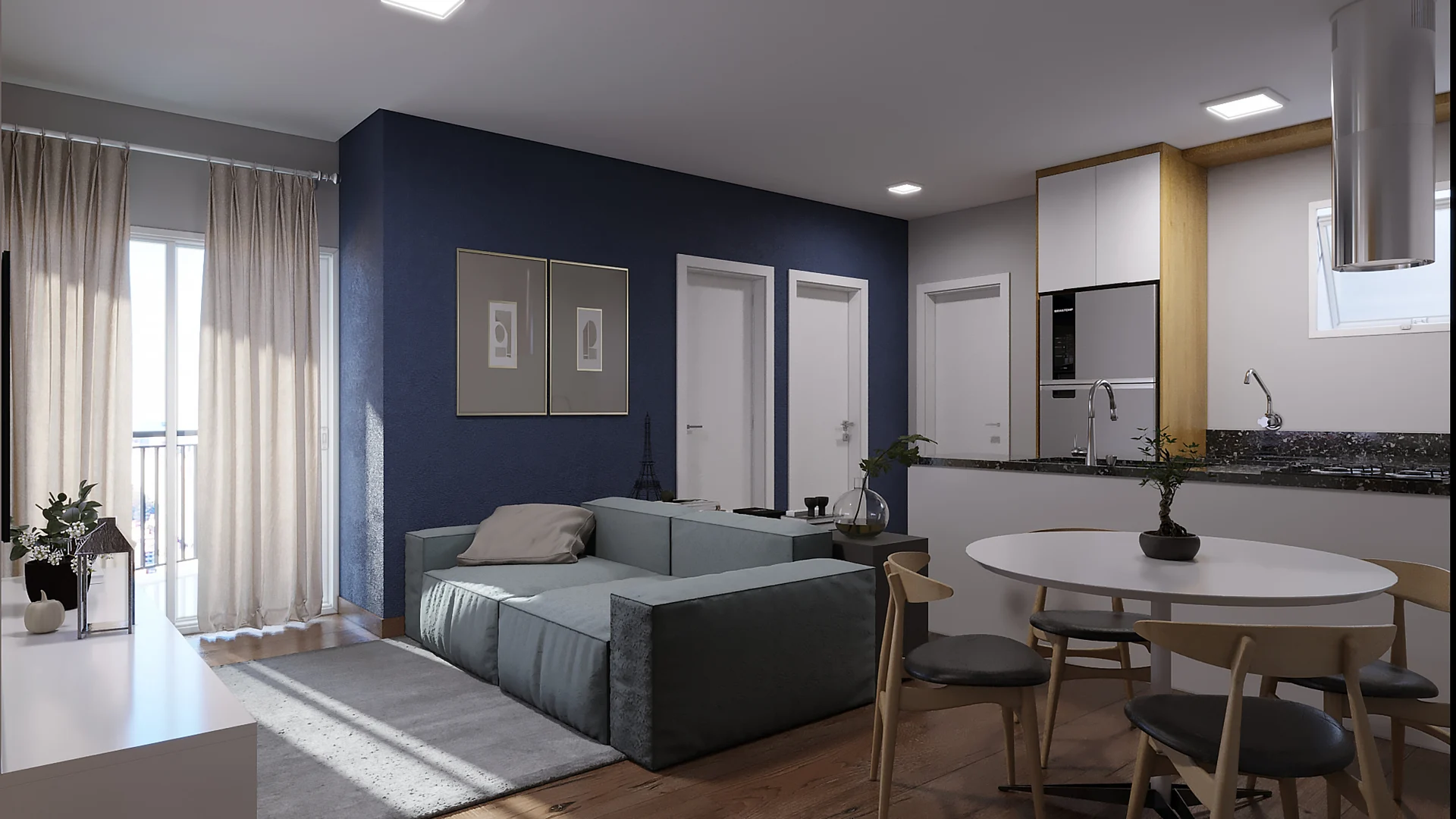 Render da sala de estar e jantar integradas à cozinha no Residencial Capri, com parede azul
