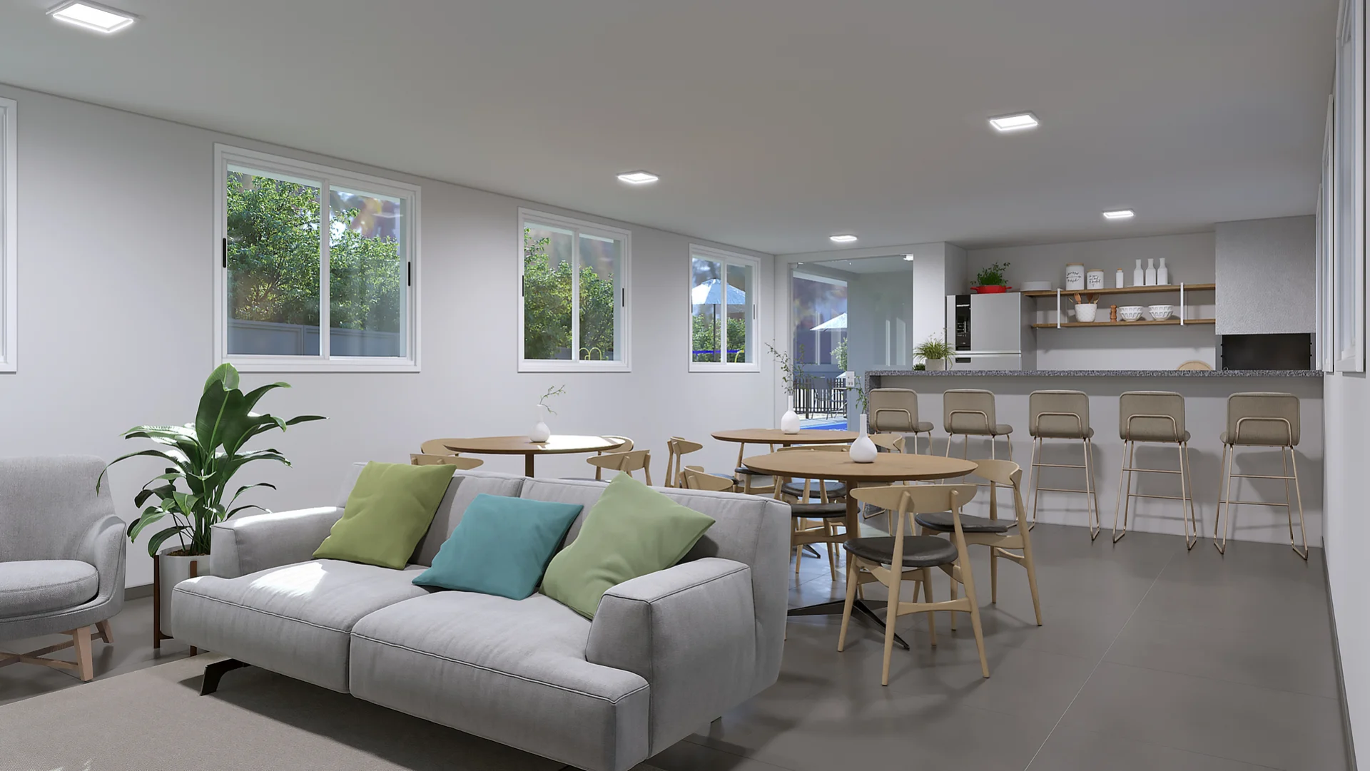 Render do salão de festas mobiliado do Residencial Capri, com bancada