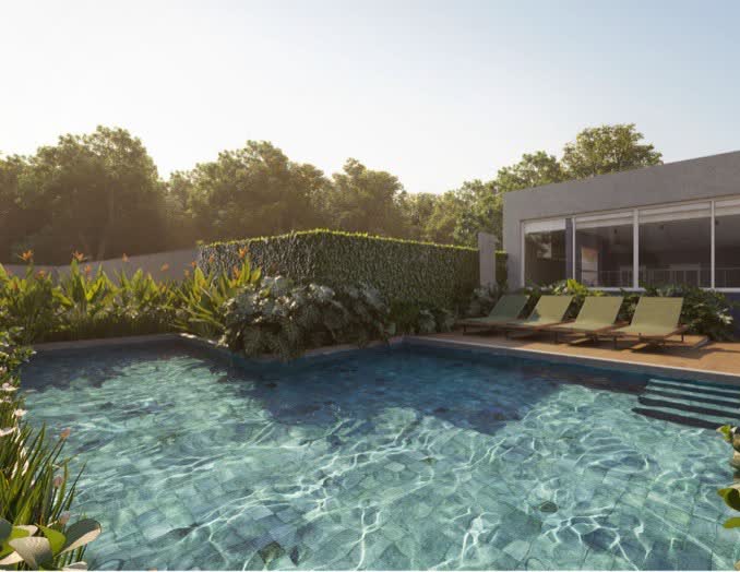 Piscina do FLOW MGF com deck e espreguiçadeiras