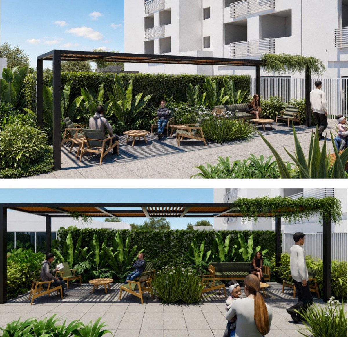 Lounge externo com pergolado e jardins do FLOW