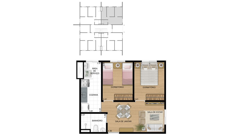 Planta oficial do Igara Life com 2 dormitórios, sala de estar e jantar, cozinha e área de serviço