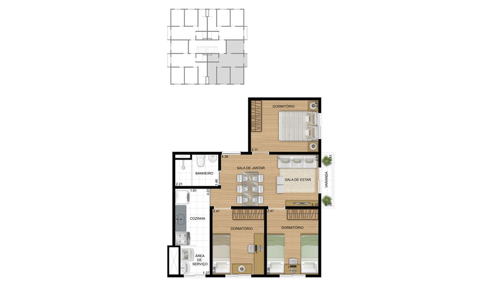 Planta oficial do Igara Life com 3 dormitórios, sala de estar e jantar, varanda, cozinha e área de serviço