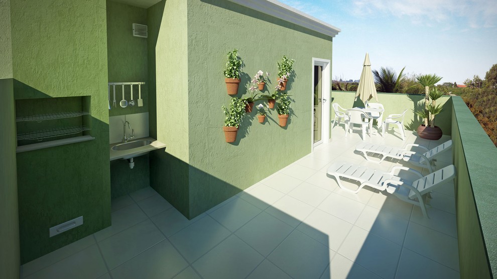 Render de projeto do terraço privativo da cobertura do Igara Life, com churrasqueira e tanque