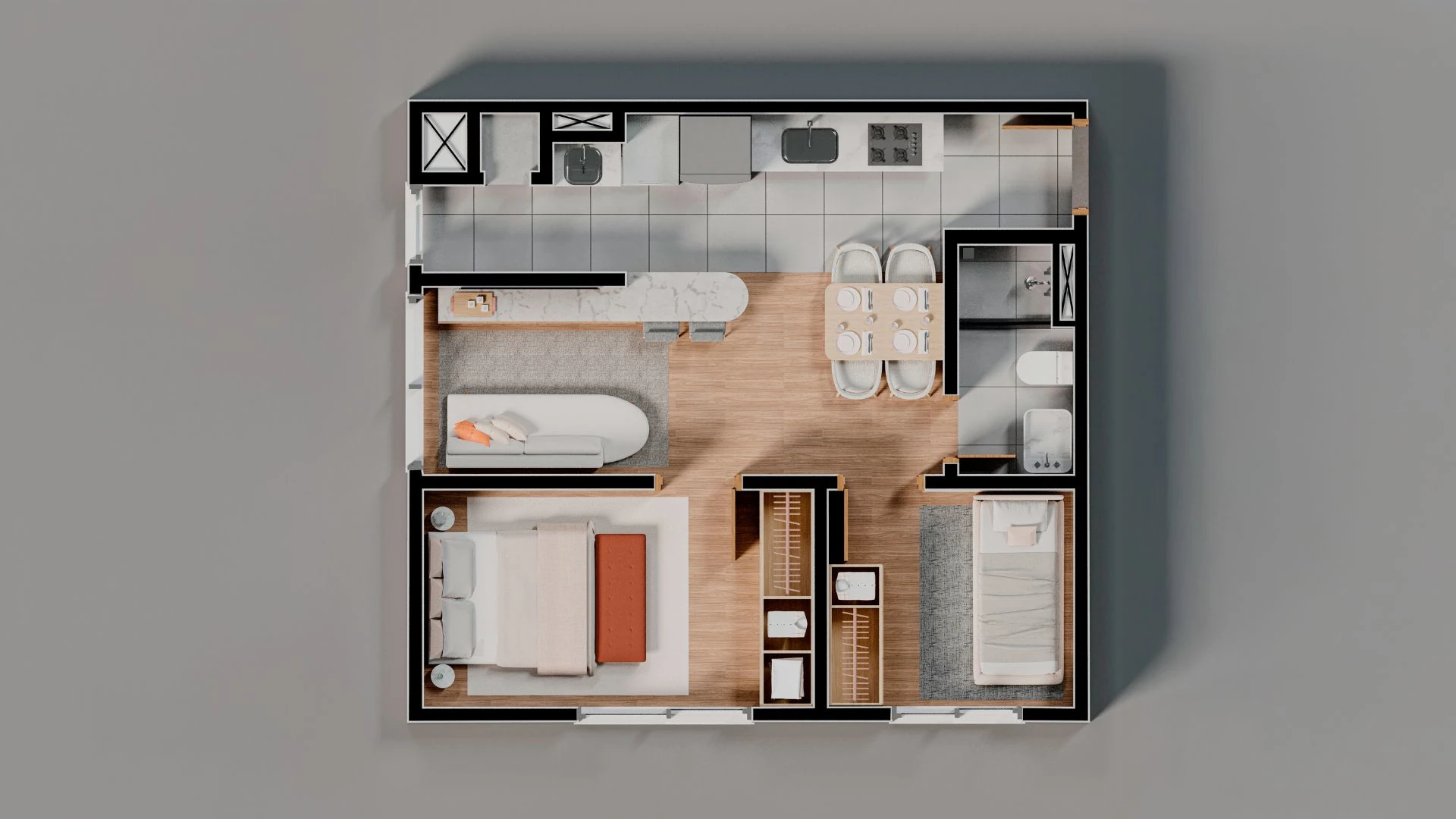 Planta ilustrada de apartamento de 1 dormitório do Isla Zona Sul, Cristal, Porto Alegre