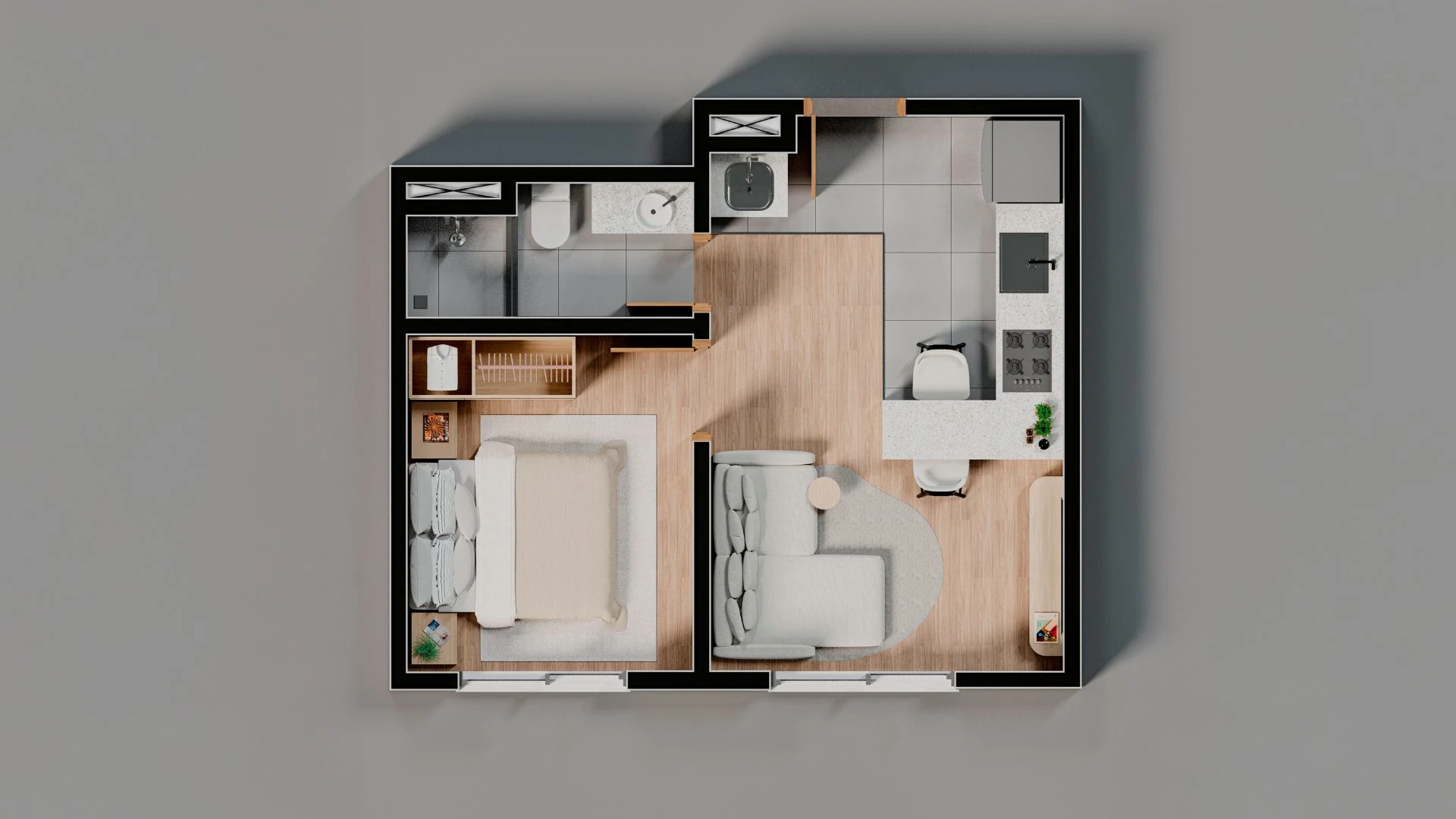 Planta ilustrada de apartamento de 2 dormitórios do Isla Zona Sul