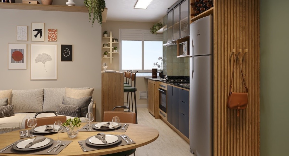 Sala e cozinha integradas do apartamento do Lusa Sintra em Gravataí — 36m² bem aproveitados