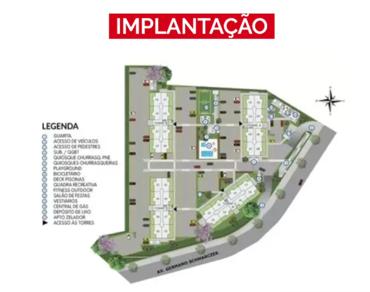 Prancha de implantação do Mais Alto Petrópolis com a legenda das áreas comuns