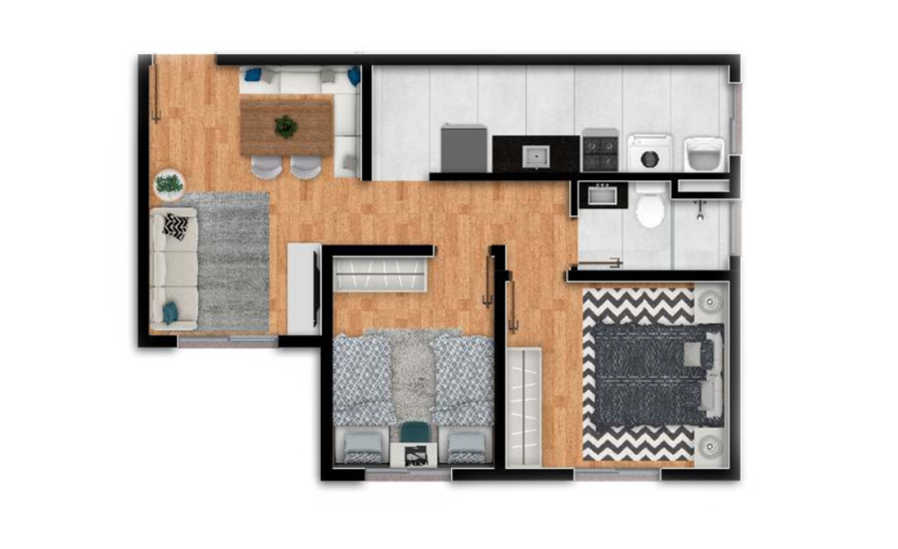 Planta humanizada de apartamento de 2 dormitórios do Open Canoas Centro