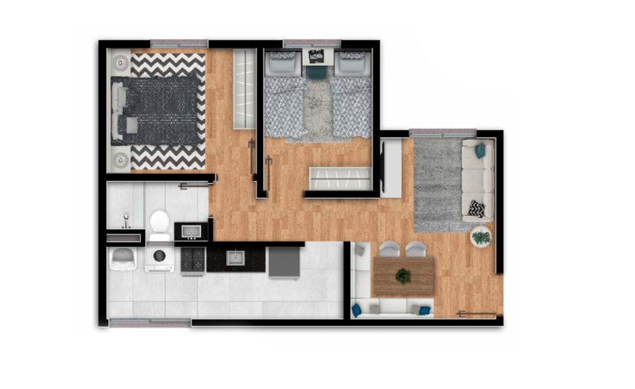 Segunda planta humanizada de apartamento de 2 dormitórios do Open Canoas Centro