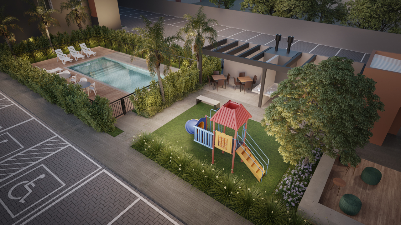Render aéreo da área de lazer do Open Major com piscina, deck e playground