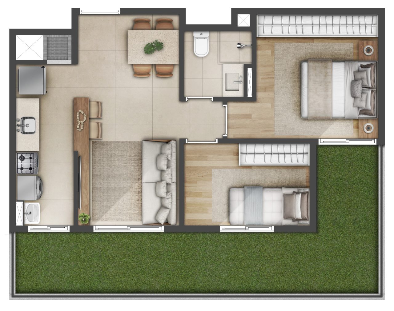 Planta humanizada do apartamento de meio do Open Major na versão garden, com pátio privativo