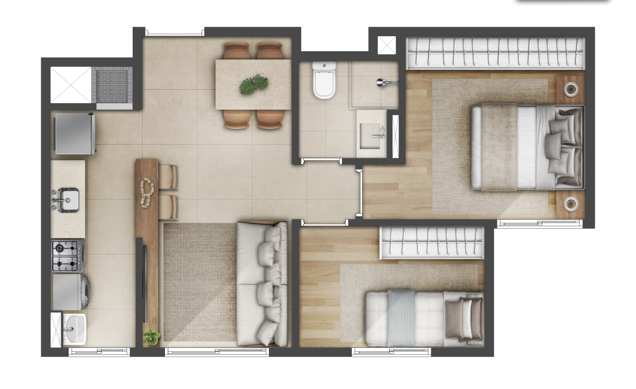 Planta humanizada do apartamento de meio do Open Major, com 2 dormitórios e churrasqueira